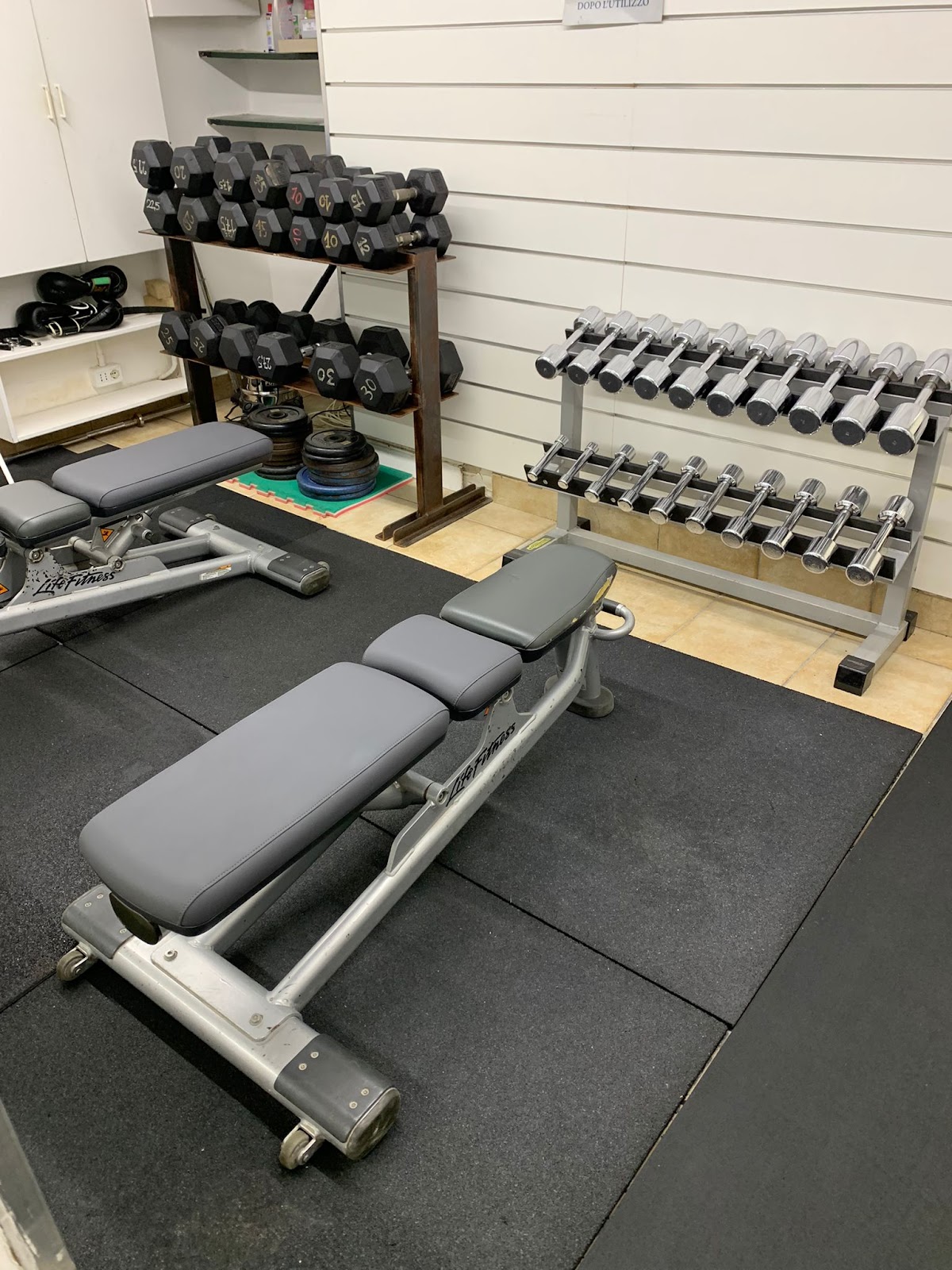 Sala pesi con manubri e panche Life Fitness